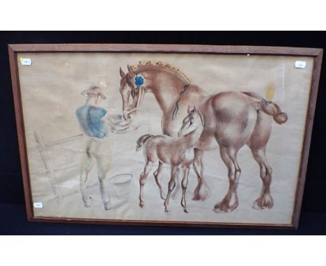 JOHN SKEAPING: HORSE AND FOAL SCHOOL PRINT, 1945 lithograph, in contemporaneous oak frame 46.5 x 73cm