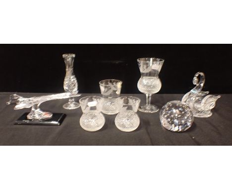 ONE LARGE AND TWO SMALL EDINBURGH CRYSTAL 'THISTLE' WHISKY TUMBLERS with another piece of Edinburgh Crystal 'Thistle' and oth