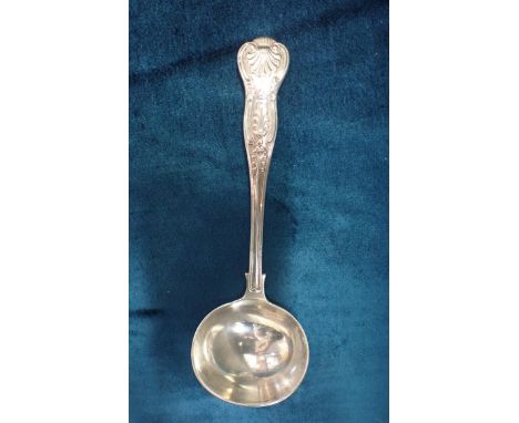 AN EDWARD VII SILVER SAUCE LADLE Kings Pattern with Union Shell Heel, Makers mark rubbed London 1902, Armorial of a hand with