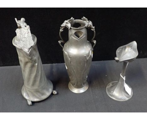 THREE PEWTER VESSELS, INCLUDING AN ART NOUVEAU VASE decorated with irises, with a flagon engraved to the body with 'Jacob Che