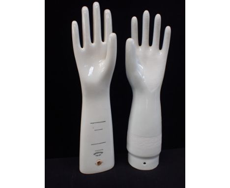 A VINTAGE CONTINENTAL PORCELAIN MODEL HAND and forearm, and another similar, life-size 43cm and 41cm (2)