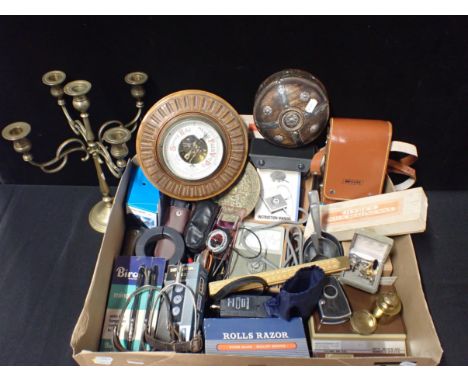 A 'MEGGER' TESTER, MINILUX TESTER a barometer, cast brass dish, and other items