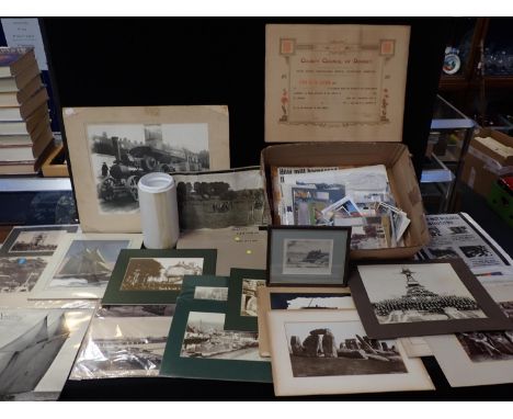 A PHOTO OF A TRACTION ENGINE HAULING BLOCKS OF PORTLAND STONE 'F.J.Barnes Ltd, Portland', circa 1920s/30s, and other ephemera