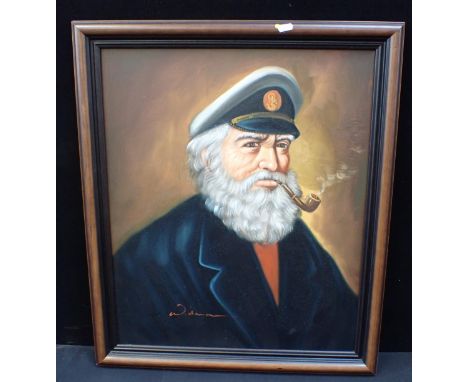 W. DAMON (20TH CENTURY), PORTRAIT OF A CAPTAIN smoking a pipe, oil on canvas 61cm x 51cm, wood frame