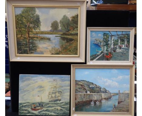 L.J. POWELL: 'BEND IN THE RIVER, OLD WEST' oil on canvas 58 x 74cm, two other landscapes by other hands and a seascape (4)