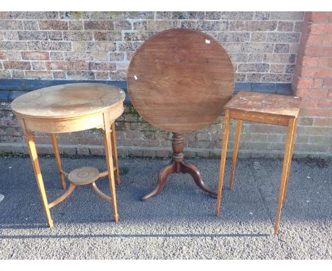 A 19TH CENTURY MAHOGANY TRIPOD TABLE 63cm dia (base repaired), a Sheraton revival window table, and a similar square table (b