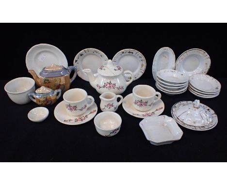 A COLLECTION OF VICTORIAN AND LATER DOLL'S CHINA part dinner service, tea ware decorated with roses, etc