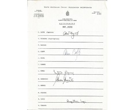 West Indies cricket legends multi signed South Australia vintage team sheet includes 5 Caribbean greats such as Clive Lloyd, 