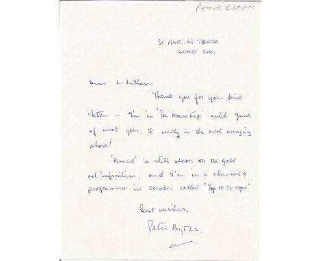 Actor Peter Byrne signed handwritten letter advising his current work commitments. Peter James Byrne was an English actor and