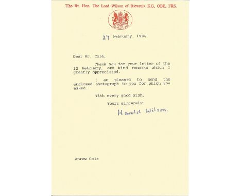Harold Wilson. T. L. S. February 1994, Thanking His Correspondent For His Kind Remarks And Sending Him A Photo. Wilson, Baron