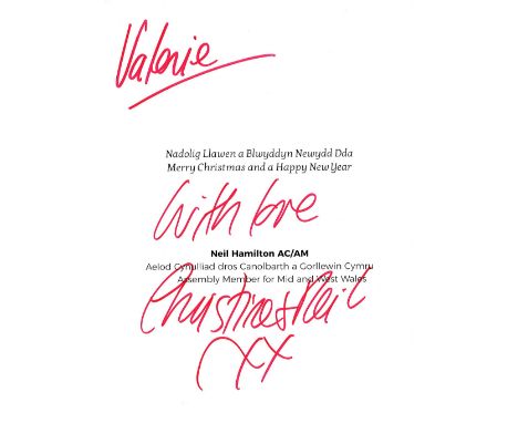 Christine Hamilton signed and dedicated Christmas card featuring a colour photograph on the front of Christine and her politi