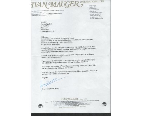 Ivan Mauger OBE MBE Hand signed Typed Letter, with interesting content regarding his motorbikes and how he's restoring them. 