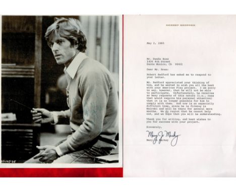 Actor, Robert Redford vintage signed collection featuring a signed 10x8 black and white photograph, a TLS by his PA dated 2nd