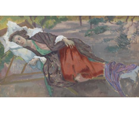 Roger Fry (British, 1866-1934)Vanessa Bell in a deckchair oil on board33.6 x 56 cm. (13 1/4 x 22 in.)Painted in 1911Footnotes