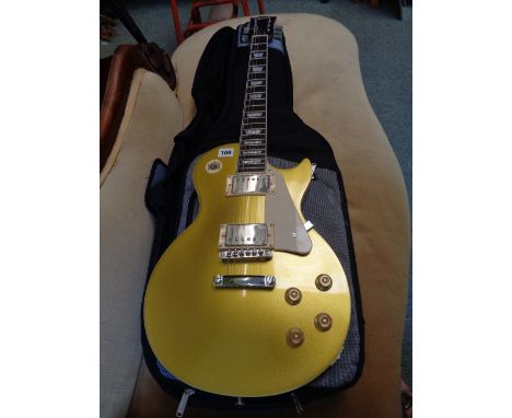 Reproduction Gibson Les Paul Standard Guitar in Yellow Glitter finish with mother of pearl inlay and a sleeve case