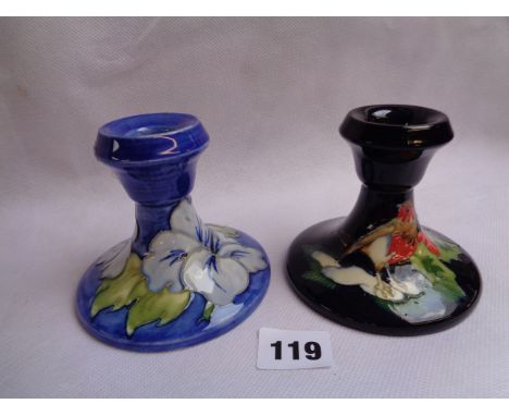 Moorcroft Robin Squat candlestick and a Moorcroft Hibiscus Squat candlestick 