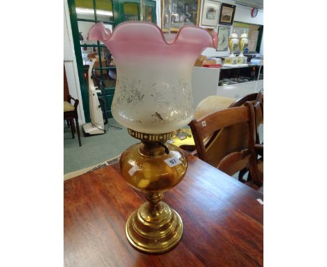 20thC Amber Glass Reservoir Oil Lamp with brass base, Condition - Some tarnishing 