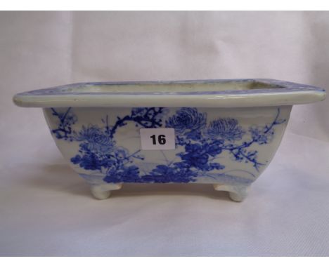 Chinese Blue & White Bonsai planter of rectangular form decorated with floral scene, supported on 4 feet, impressed mark to b
