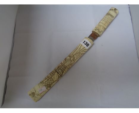 Antique Chinese knife in Ivory carved scabbard depicting warriors, 35cm in Length, Condition - Some splitting and chipping 