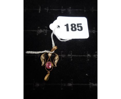 Edwardian Yellow metal drop pendant set with oval rub over Tourmaline and seed pearl setting, 1.5g total weight 