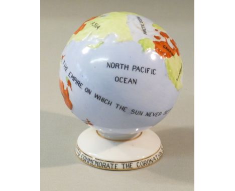 MELBA BONE CHINA GLAZED GLOBE SHOWING THE BRITISH EMPIRE IN RED AND THE MOTTO 'THE EMPIRE ON WHICH THE SUN NEVER SETS' TO COM