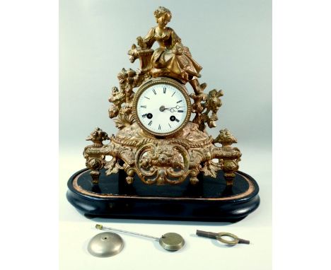 C19th FRENCH GILT MANTEL CLOCK WITH AN 8-DAY MOVEMENT, BY JAPY FRERES (H: 30.5 cm OVERALL) (2)