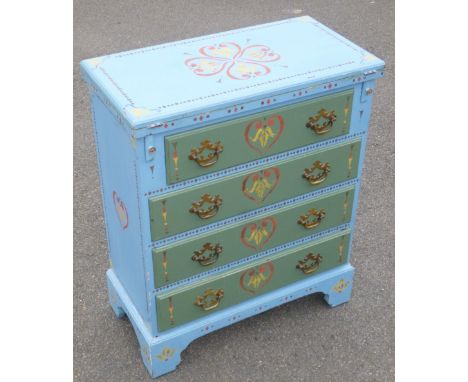 PAINTED AND STENCILED WOODEN CHEST, THE HINGED FOLD-OVER TOP OVER 4 DRAWERS AND BRACKET FEET (78 cm x 64 cm x 33.5 cm)