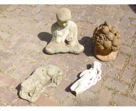 COMPOSITE STONE BUDDHA (H: 48 cm), CAT ASLEEP MODEL (L: 44 cm), TERRACOTTA BOWL WITH FRUIT BY LUCAS (H: 38 cm) AND ANOTHER FI