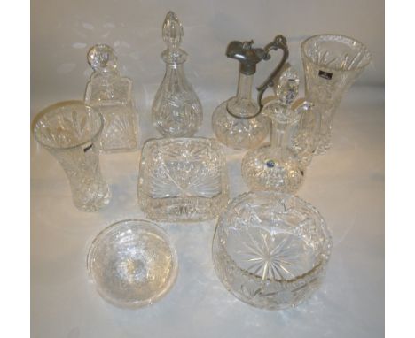 ROYAL DOULTON VASES x 2 (H: 20.5 cm & 25.5 cm), THOMAS WEBB DECANTER, GLOBE AND SHAFT DECANTER WITH PEWTER MOUNTS, ANOTHER 2 