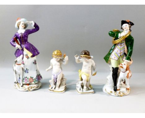 PAIR OF CAPODIMONTE PORCELAIN FIGURES BOTH WITH HUNTING DOGS (H: 20 cm) AND 2 PUTTI ALSO EACH WITH DOGS (H: 11.5 cm) [4]