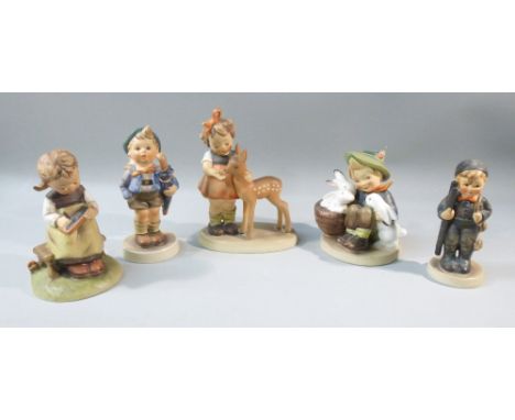 5 HUMMEL FIGURES 'BUSY STUDENT' 367 (1963), 'HOME FROM MARKET' 198 3/0 (1948), 'FRIENDS' 136/1 (1947), 'PLAYMATES' AND 'BOY W