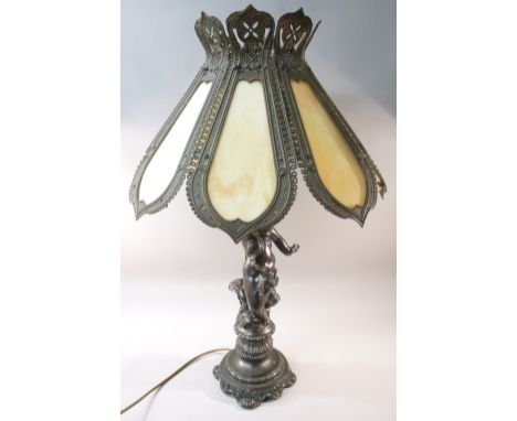 BRONZED FINISH CLASSICAL STYLE LAMP WITH A PUTTI COLUMN, ON A PEDESTAL BASE, WITH OPAQUE PANELLED GLASS AND METAL SHADE (70.5