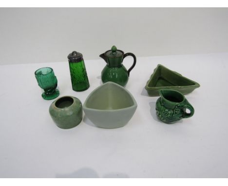 A Watcombe green-glazed lidded milk jug and various green glazed modern ceramics, a Victorian green glass hand, holding a vas