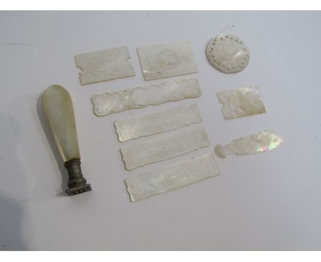 A monogrammed hand seal with mother-of-pearl handle. Nine various Chinese mother-of-pearl gaming counters (10)