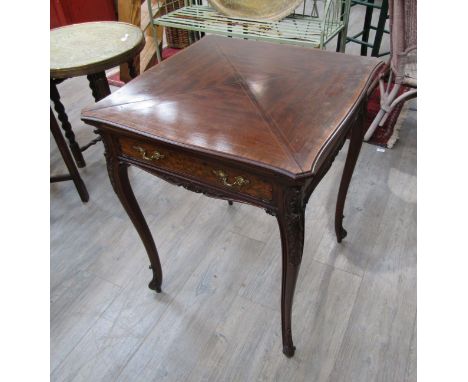 An Edwardian cross-banded mahogany envelope card table, the frieze inlaid in satinwood, overpainted and penned with foliate m