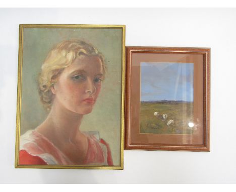 G.E. WOODS: Sheep grazing on moorland.  Acrylics.  19.5 x 14.5cm. A post-war bust-length portrait of a young lady. Oils on ar