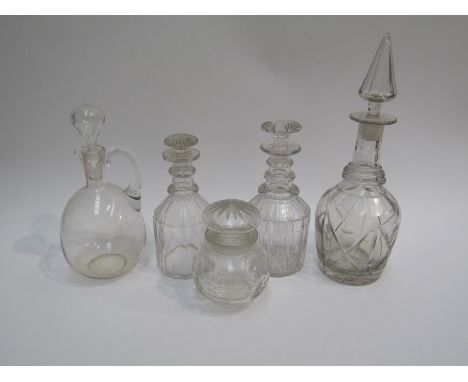 Three various Victorian decanters, a wine jug and a cut glass pickle jar (5)