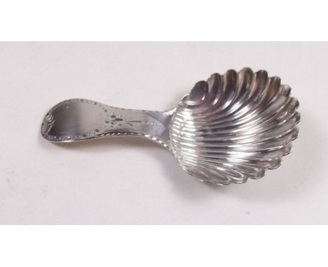 A silver shell bowl caddy spoon by Hester Bateman, London 1789 and another silver caddy spoon by W S Savage 1894