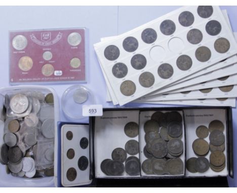 A collection of British coinage mainly pre-decimal and decimal including penny collecting box, 1967 presentation case, first 