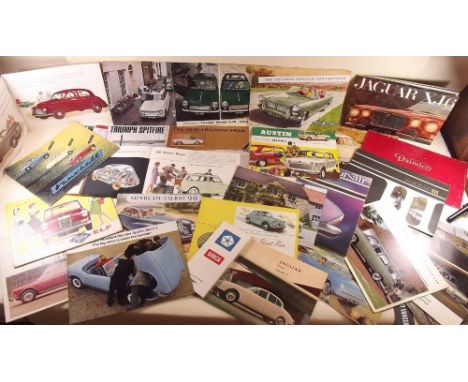 A box of vintage car brochures 1950's onwards including Riley, Wolsey, Zephyr, Rover Vanguard, Triumph, Austin A60, Reliant, 