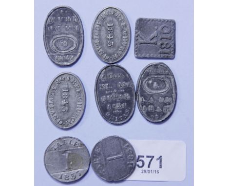 A group of tokens (church) 2 off 1843 Free Church of Scotland, 3 off 1830 Cupar Unitas table 1 and 2, 2 off St Michaels cupar