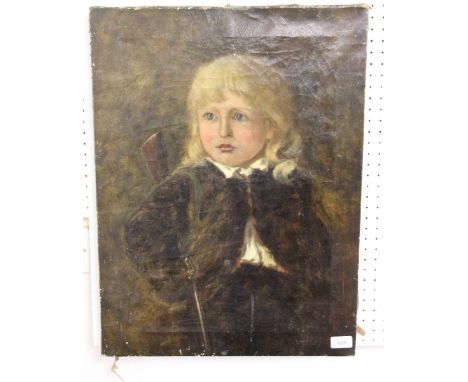 A Victorian oil on canvas portrait of a child holding a gun - 81 x 46cm