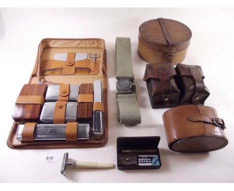 A military leather ammunition belt, a leather collar box, toiletry set etc.