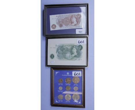 Bank of England notes: mounted in frames 1 off 10 shillings J S Holloway pre-fix 66B, 1 off £1 green L K O'Brien pre-fix T86 