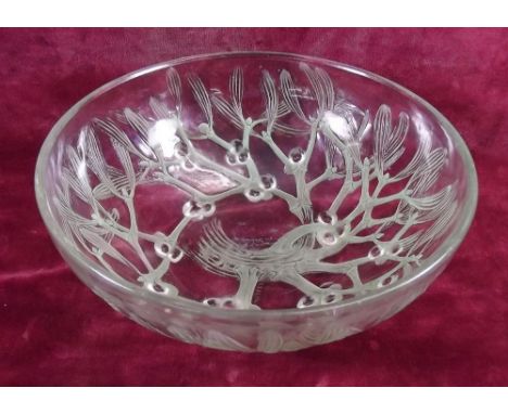 A Lalique 1920's bowl in the Mistletoe pattern, engraved to base R Lalique France, some original paint/decoration remaining -