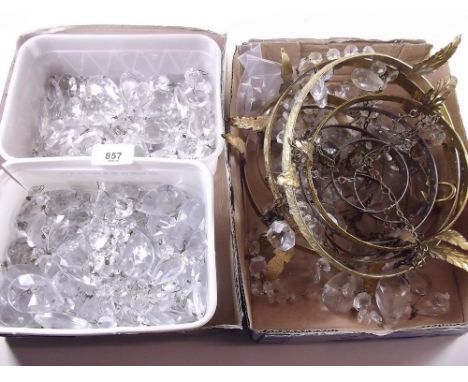 A box of three tiered chandelier light fittings and a quantity of glass drops 