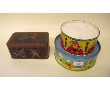Two vintage children's tin drums and a 1920's illustrated tin