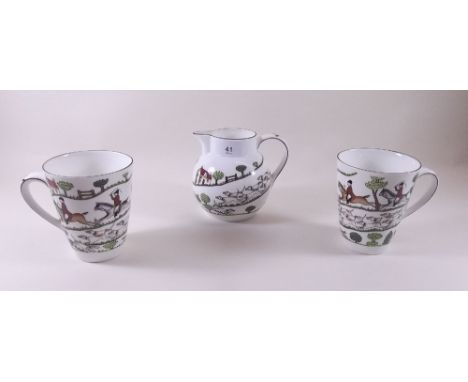 Two Staffordshire hunting scene mugs and a jug