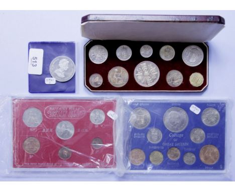 Three coin presentation packs and TDC five pounds 2006 commemorating 80th birthday of Elizabeth II, packs include Britains fi