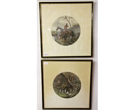 J G Shayer - pair of circular coloured hunting prints 'Run to Earth' and 'Drawn a Blank' retailed by Ackermans 